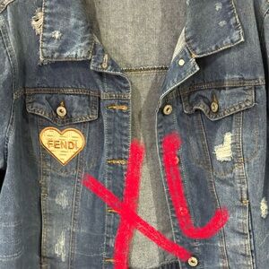 Designer inspired Distressed Blue Denim Jacket with Heart Patch